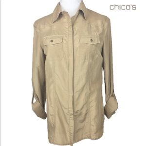 Chicos Blouse Tan Roll Tab Sleeves  SIze 0 -Small
